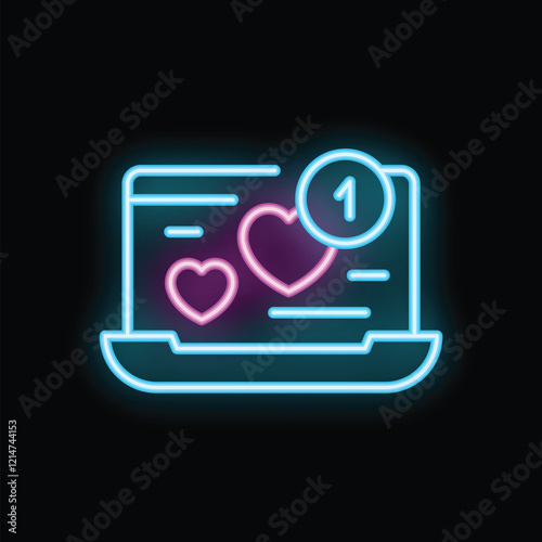 Neon laptop showing online dating profile with likes and new message notification, concept for finding love online