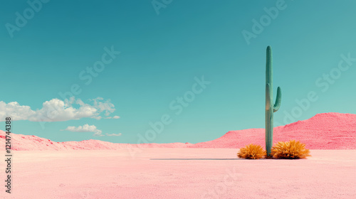 vibrant desert landscape featuring tall cactus surrounded by yellow shrubs under bright blue sky. pink ground adds surreal touch to scene