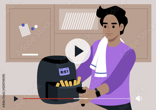 Step into the world of quick and healthy cooking as a talented individual prepares golden fries using an innovative kitchen device, showcasing an effortless frying technique