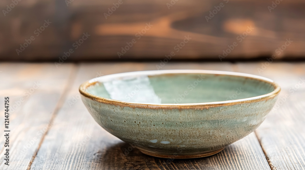 rustic ceramic bowl with green glaze sits on wooden table, showcasing its unique texture and craftsmanship. natural tones create warm and inviting atmosphere rustic ceramic bowl with green glaze sits on wooden table, showcasing its unique texture and craftsmanship. natural tones create warm and inviting atmosphere