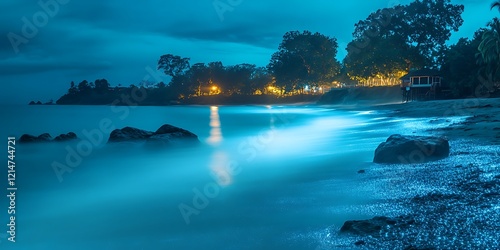 Enchanted Night Beach: Serene Ocean, Glowing Shore, Tropical Night Scene photo