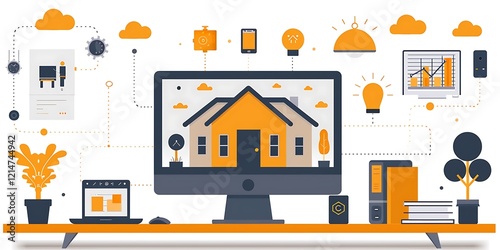 Technology Smart home with connected devices and digital icons Glowing house with symbolism