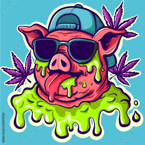 Psychedelic cool pig head sticker with sunglasses and rapper hat. Acid trippy piggy with tongue sticking out surrounded by green slime.