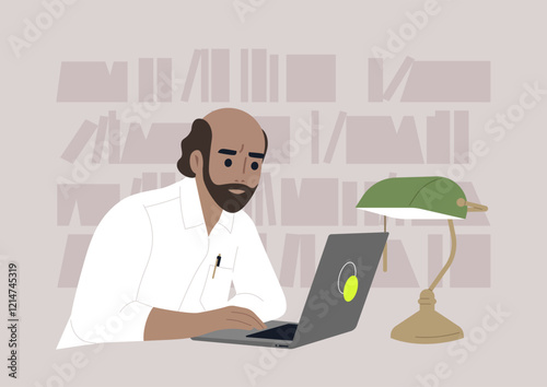 With a focused expression, a professor types intently on a laptop in a cozy library adorned with books and soft lighting, immersed in academic pursuits and research