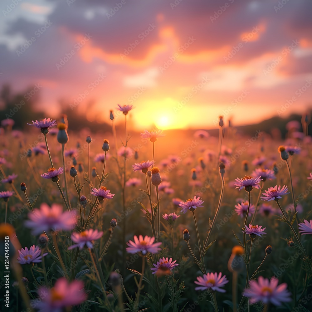 Fototapeta premium Tranquil Wildflower Meadow at Sunset