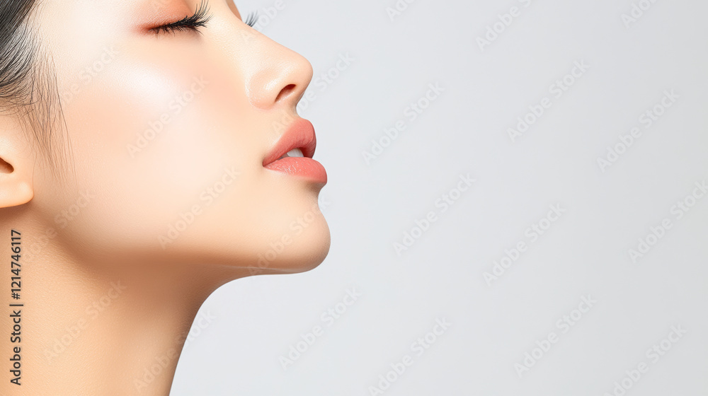 close up profile of woman showcasing smooth skin and elegant features, highlighting beauty and grace. soft lighting enhances her natural glow and emphasizes her facial contours close up profile of woman showcasing smooth skin and elegant features, highlighting beauty and grace. soft lighting enhances her natural glow and emphasizes her facial contours