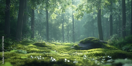 Enchanted Forest: A Serene Landscape of Mossy Greens and Sunlight Dappled Trees
