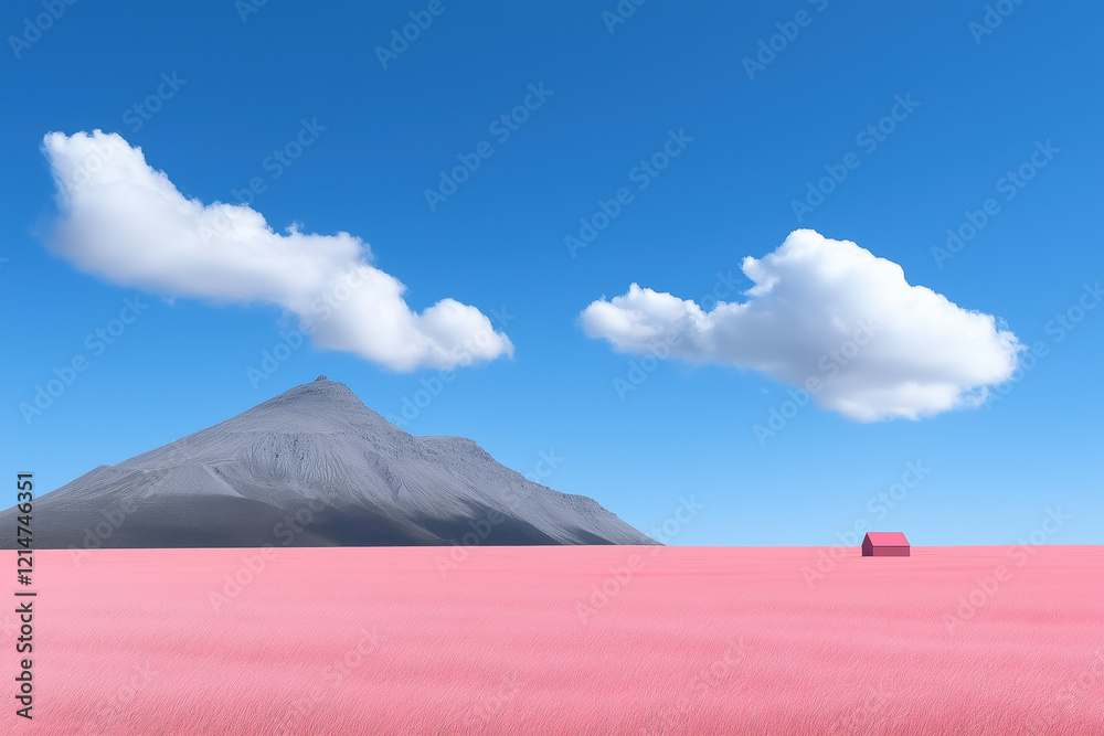 Fototapeta premium Minimalist landscape with pink field, gray mountain, and blue sky
