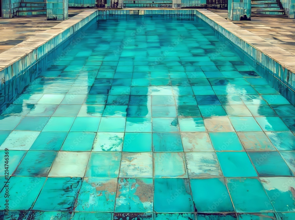 Obraz premium The serene environment of a square-shaped pool with blue tiles offers a floating bench seat as a resting spot, yet it is empty. The pool's clear water and summer ambiance contribute to the solitude
