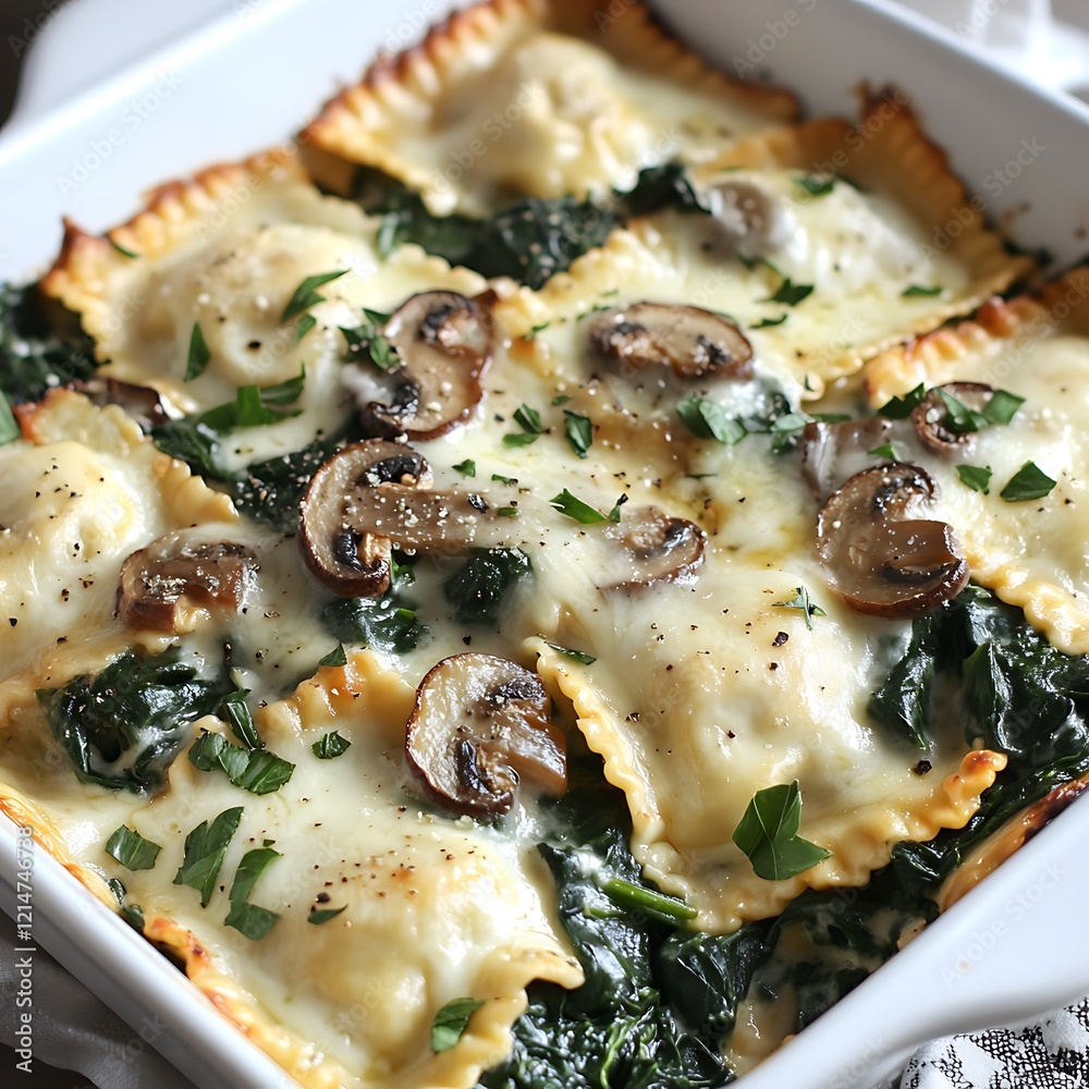Cheesy Mushroom Ravioli Casserole with Spinach Recipe