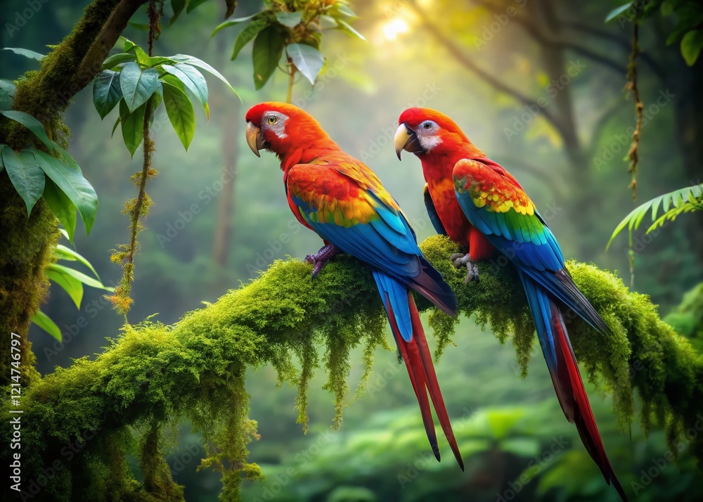 Obraz premium Vibrant Parrots on Lush Jungle Branch - Long Exposure Photography