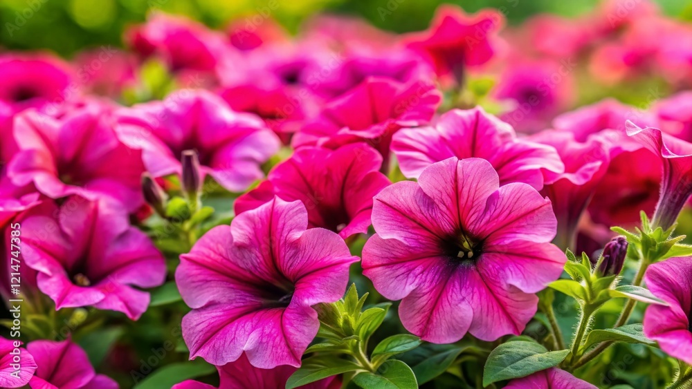 Vibrant Pink Petunia Flower Bed - Lush Green Foliage, Rule of Thirds Composition Vibrant Pink Petunia Flower Bed - Lush Green Foliage, Rule of Thirds Composition