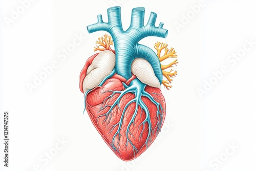 Anatomical illustration of a human heart showcasing detailed structure, including veins and arteries, emphasizing its vital role in human biology. photo