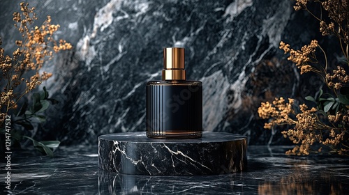 Elegant black perfume bottle on marble surface luxury product photography modern home decor artistic viewpoint