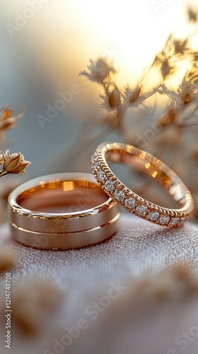 Elegant wedding rings displayed amidst delicate floral accents outdoor setting close-up photography romantic vibe