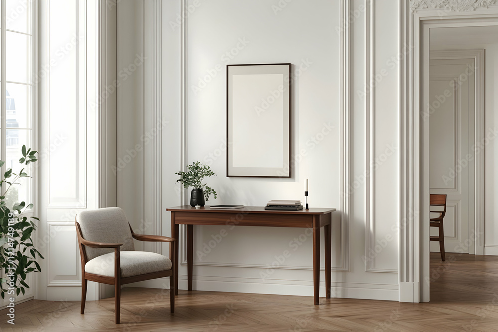Fototapeta premium Serene Minimalist Interior: Modern Chair and Console Table in Elegant White Room