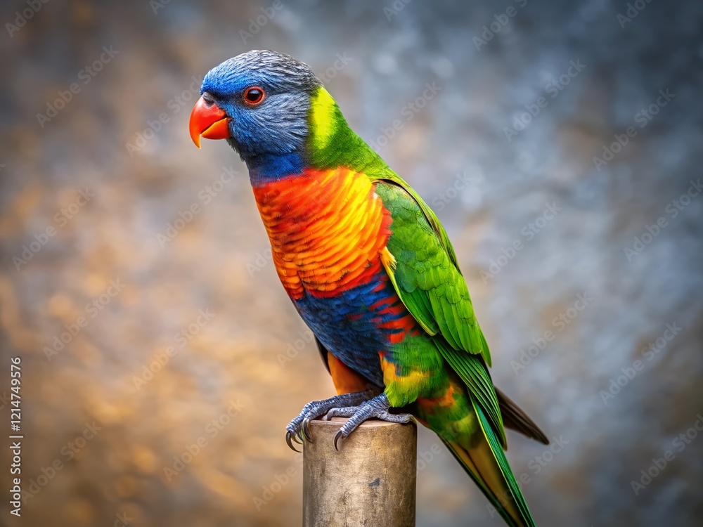 Naklejka premium Vibrant Rainbow Lorikeet Parrot on Gray Pole – Panoramic Stock Photo