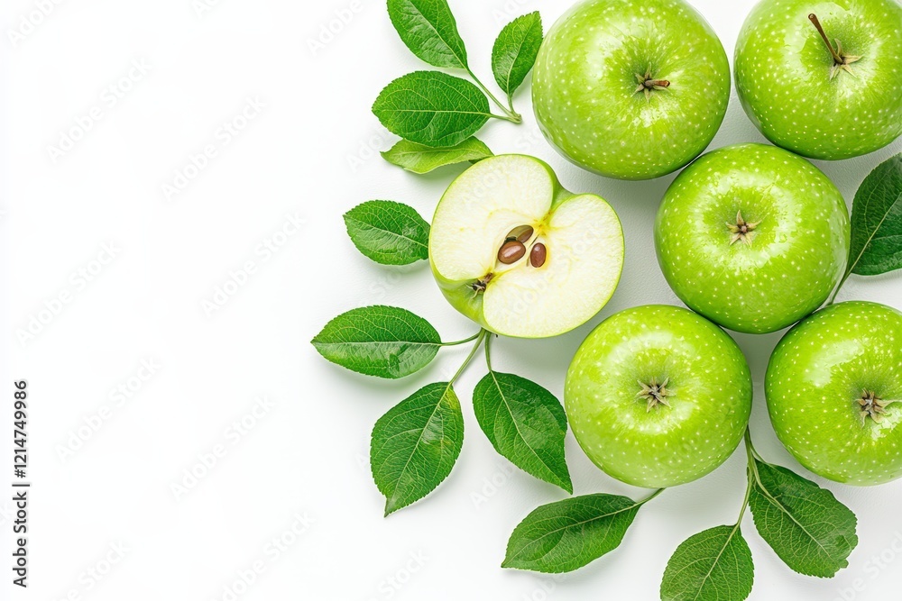 Fototapeta premium Fresh green apples with leaves on a white background offer a refreshing and healthy feel. Perfect for promoting wellness and natural living.