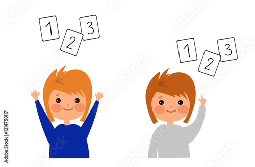 Child learns numbers. Dyscalculia and mental arithmetic concept. Learning, curiosity, and the challenges of math for young kids. Vector flat cartoon illustration for educational materials.