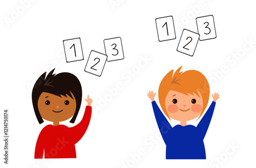 Child learns numbers. Dyscalculia and mental arithmetic concept. Learning, curiosity, and the challenges of math for young kids. Vector flat cartoon illustration for educational materials.