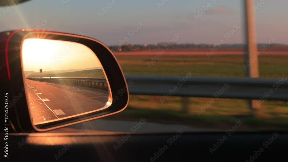 The sun is reflected in the mirror, evening road. View in the side rear view mirror of a red car driving along the highway The sun is reflected in the mirror, evening road. View in the side rear view mirror of a red car driving along the highway