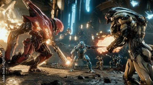 Futuristic battle scene with red and black robots amidst fiery explosions and blue energy