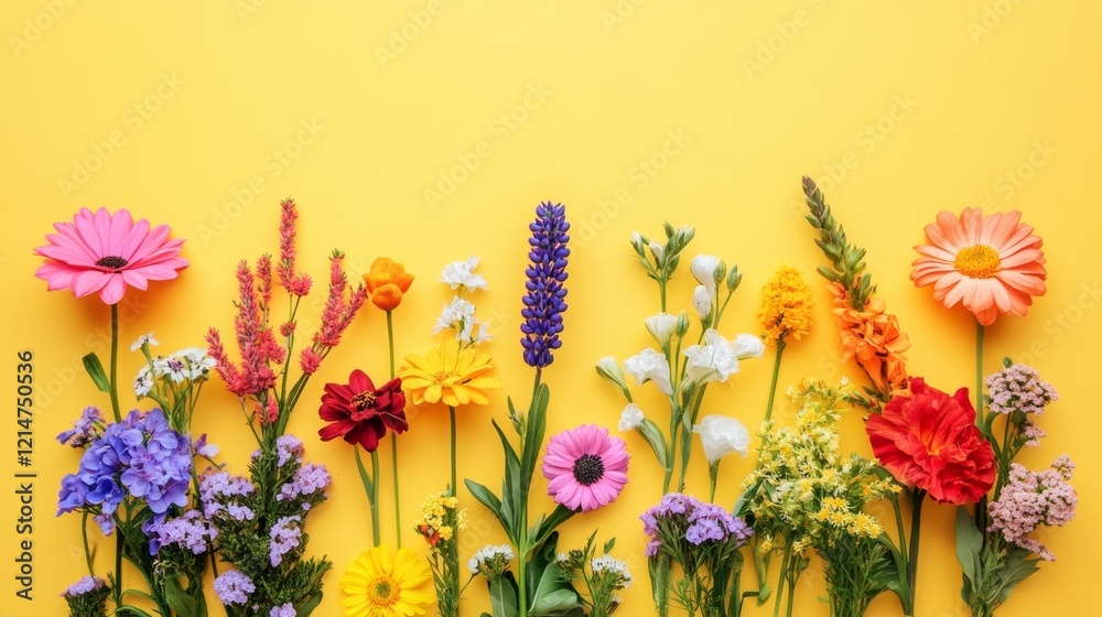 Obraz premium Assorted garden blossom flower heads on yellow background with space for text. Flat lay