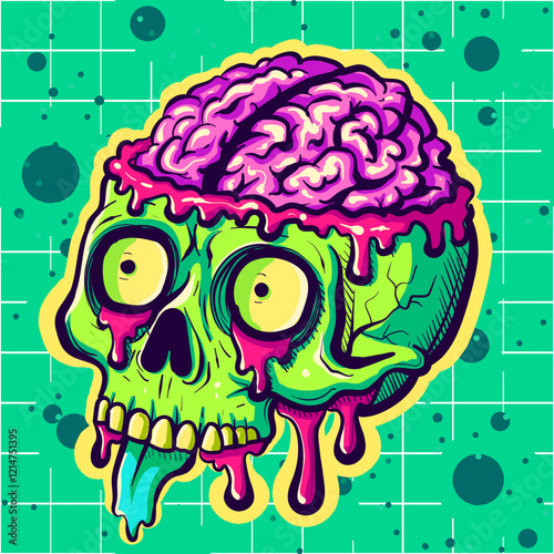 Cartoon psychedelic zombie head with pink slime. Psychedelic trippy skull with brains out.