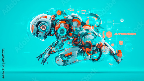Futuristic Cyborg in Teal Digital Realm: A 3D Render of a Translucent Robotic Figure