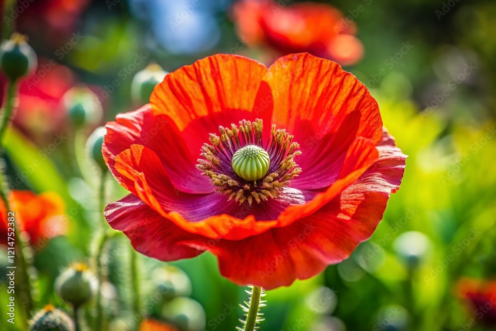 Vibrant Red Poppy Flower Close-up, Botanical Garden Bloom, Summer Day Vibrant Red Poppy Flower Close-up, Botanical Garden Bloom, Summer Day