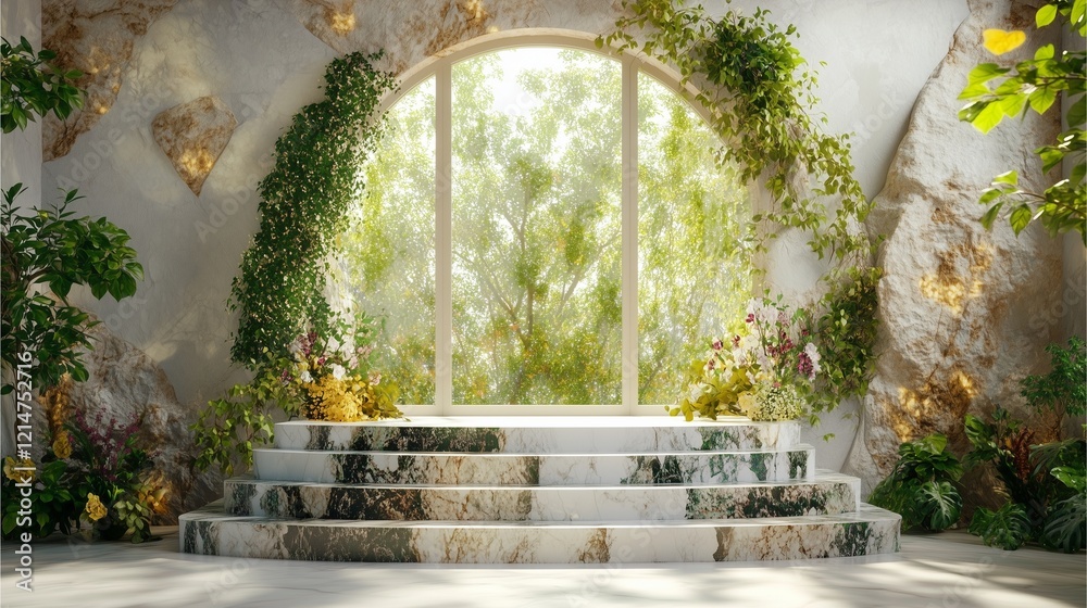 Naklejka premium Empty podium with natural textures and green leaves background 