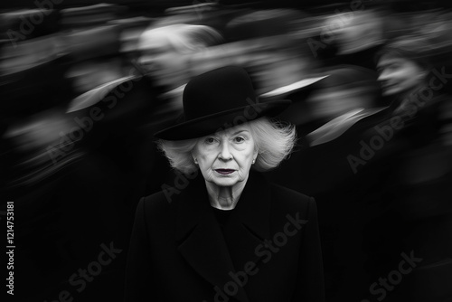 Black and white portrait of an older woman in a hat with blurred figures in the background