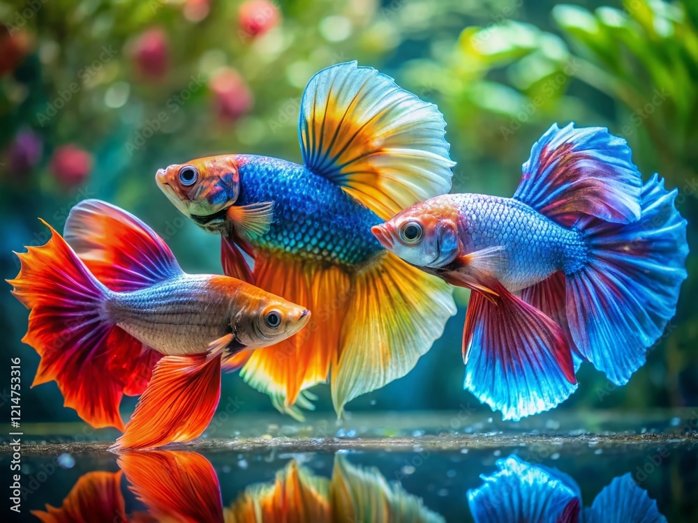 Fototapeta premium Vibrant Siamese Fighting Fish Trio: Aquatic Life Close-Up