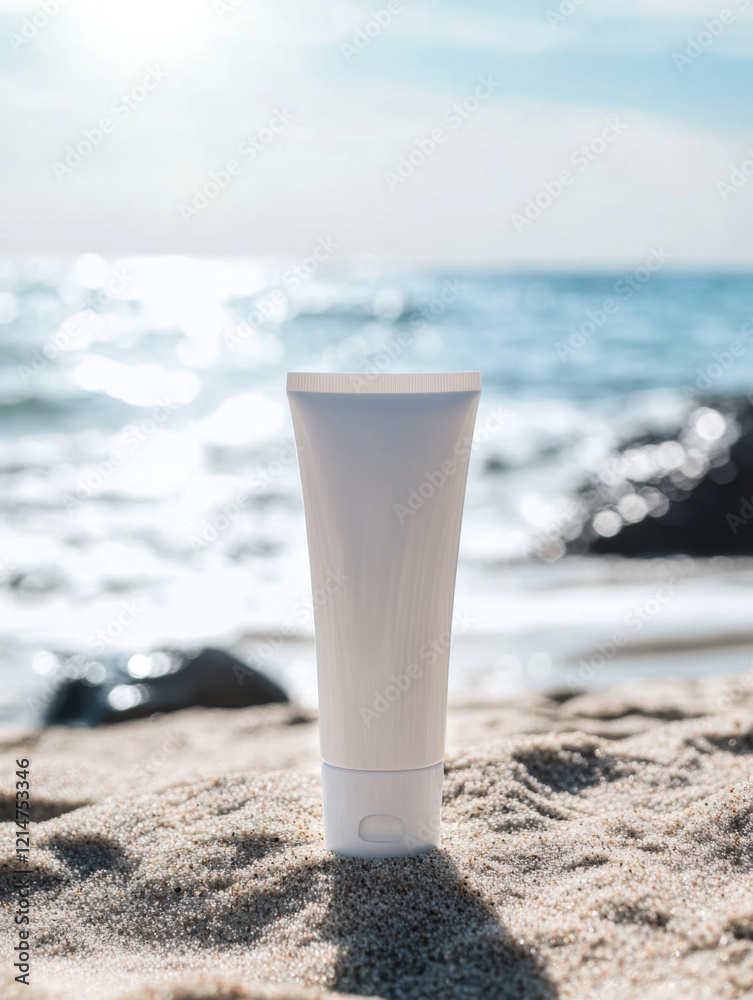 Blank white cosmetic tube on beach background Blank white cosmetic tube on beach background