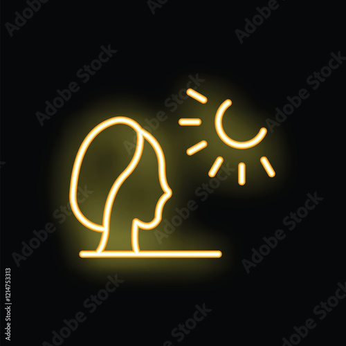 Yellow neon icon representing a woman getting natural vitamin d from sunlight exposure