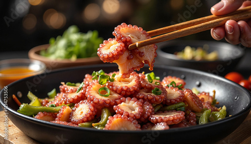 Freshly prepared sannakji served with chopsticks in cozy restaurant, gourmet dining photo