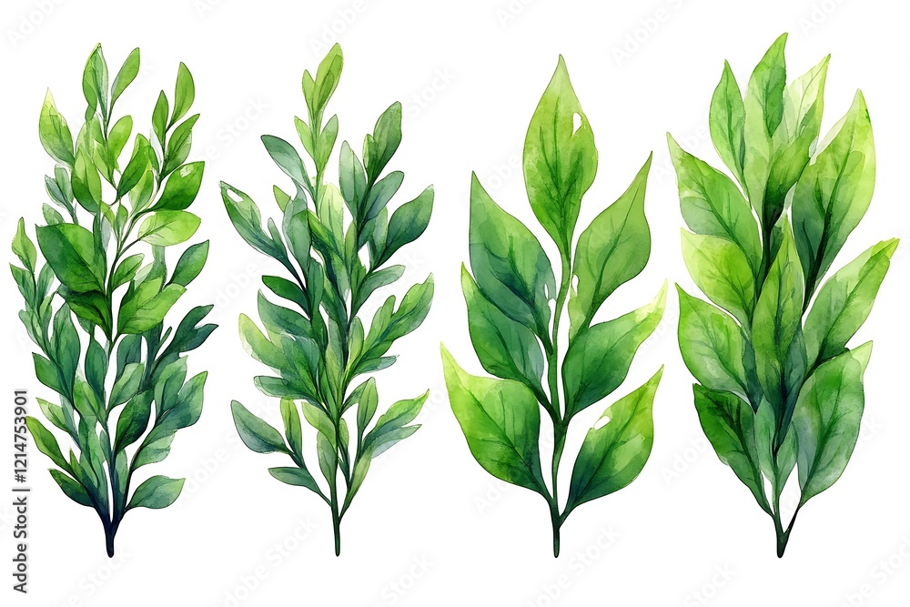 Fototapeta premium Four vibrant underwater plant illustrations with rocks.
