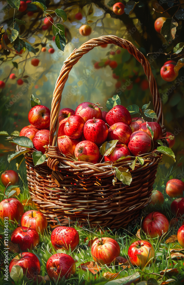 A basket full of apples is sitting on the grass. The apples are red and shiny, and they are surrounded by leaves. A basket full of apples is sitting on the grass. The apples are red and shiny, and they are surrounded by leaves.
