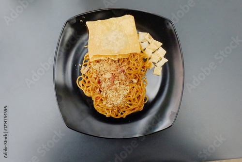 Fried noodles with fried crackers, a typical Indonesian culinary dish.