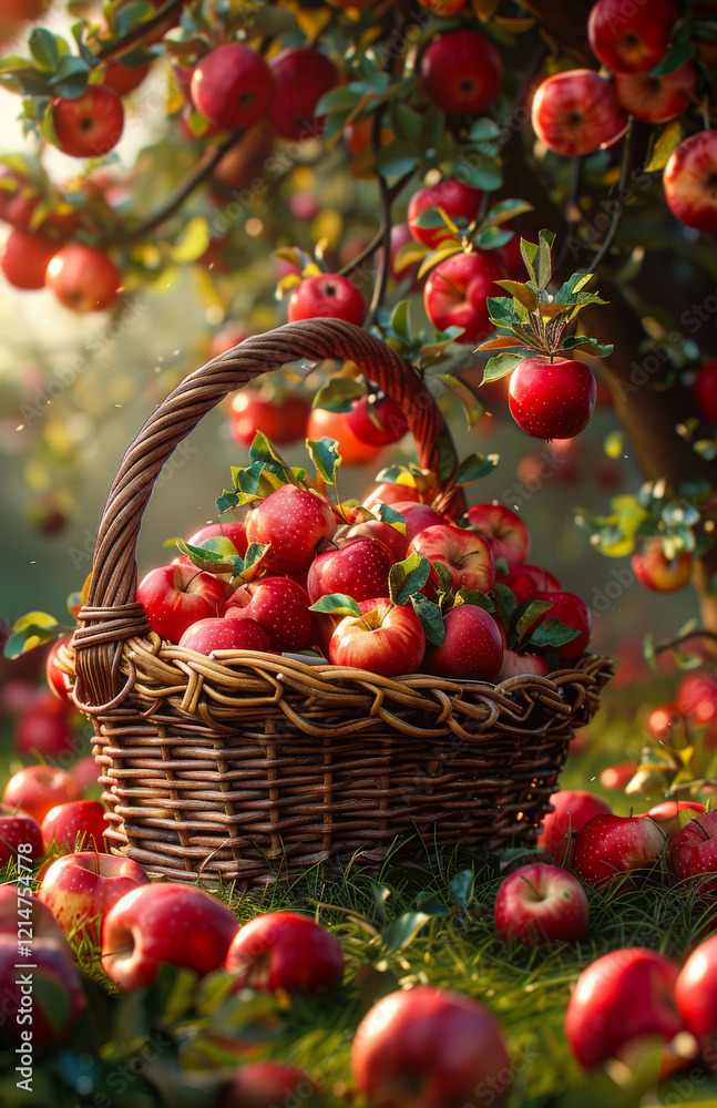 A basket full of apples is sitting on the grass. The apples are ripe and ready to be picked. The basket is woven and has a rustic feel to it. A basket full of apples is sitting on the grass. The apples are ripe and ready to be picked. The basket is woven and has a rustic feel to it.
