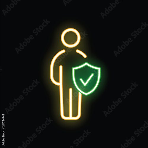Neon sign representing a person holding a shield with a check mark, symbolizing security and protection