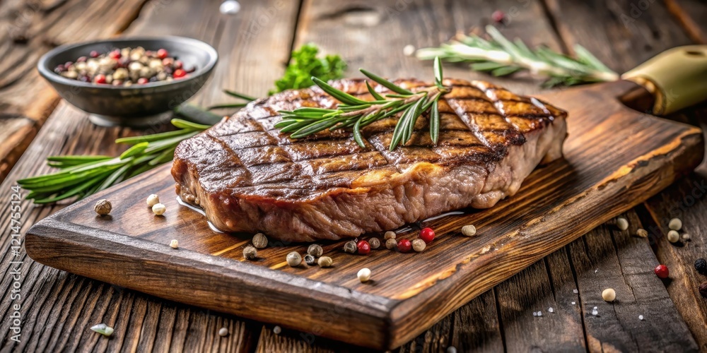Grilled steak on grill with rosemary pepper and salt on a rustic wooden platter, garnished with fresh herbs , food styling, culinary art Grilled steak on grill with rosemary pepper and salt on a rustic wooden platter, garnished with fresh herbs , food styling, culinary art