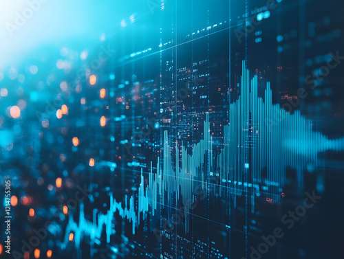 A blurred background with a blue finance graph and investment bar, showcasing growth and success in the market with technology currency reports chart. Business stock world economy AI computer