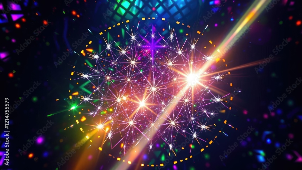 Naklejka premium Dazzling shards of light refracting through an intricate lattice structure on a colorful multicolored background generating an otherworldly ambiance, lattice, structure