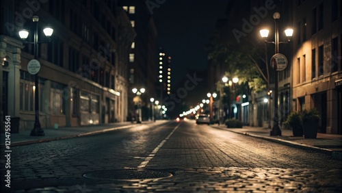 Dark street with blurred surroundings and a shallow depth of field capturing the streetlights through a bokeh effect, urban landscape, cityscape