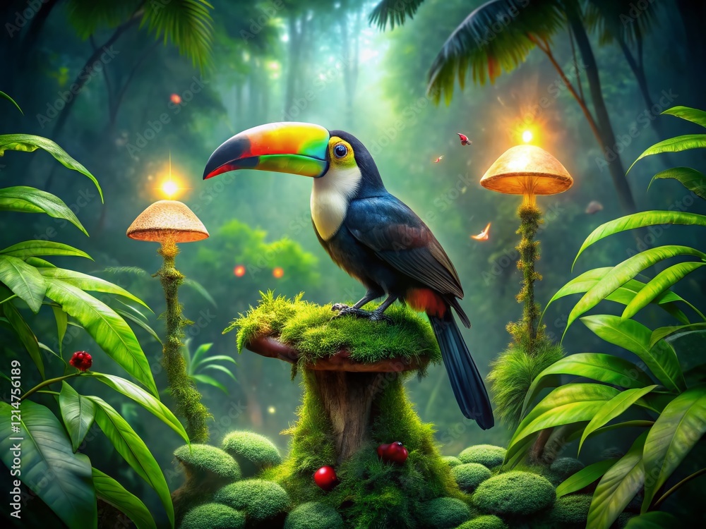 Obraz premium Vibrant Toucan in Lush Rainforest Canopy - Exotic Bird Wildlife Stock Photo