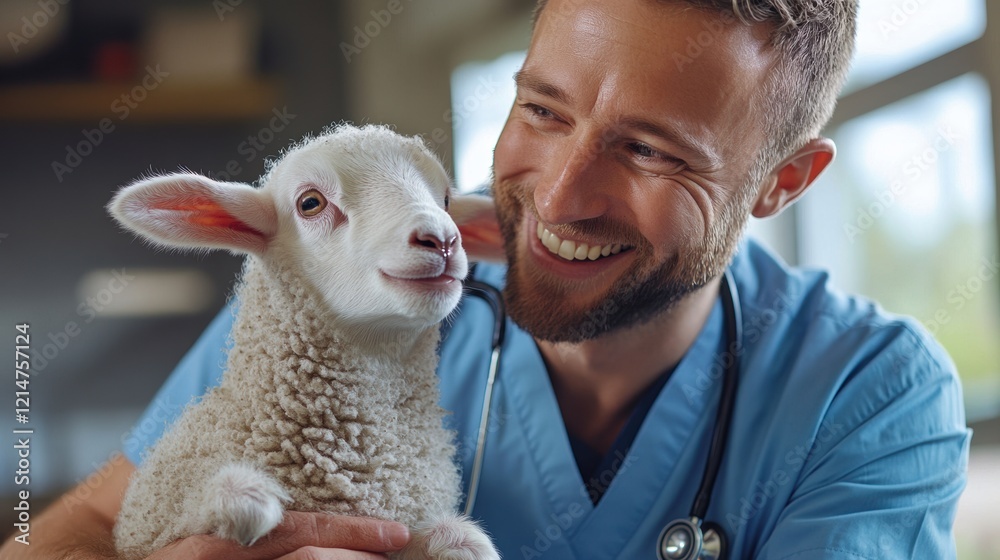 smiling male veterinarian with a stethoscope holds cute, fluffy, white lamb, conveys positive and friendly interaction between vet and pet. smiling male veterinarian with a stethoscope holds cute, fluffy, white lamb, conveys positive and friendly interaction between vet and pet.