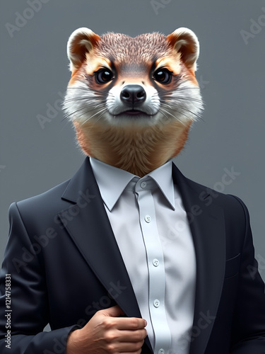 Anthropomorphic Weasel dressed in a suit like a businessman. Business Concept. AI generated, human enhanced photo