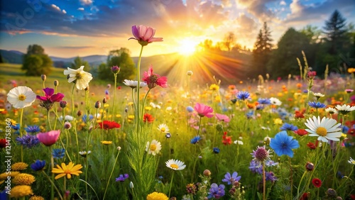 Vibrant Wildflower Meadow: Charming Spring Landscape Stock Photo