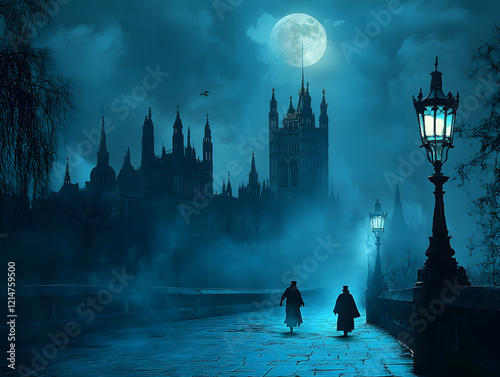 dark eerie gothic city street night architecture castle tower cathedral mist mysterious atmospheric full moon foggy haunted Victorian-era horror Halloween religion church vampire
